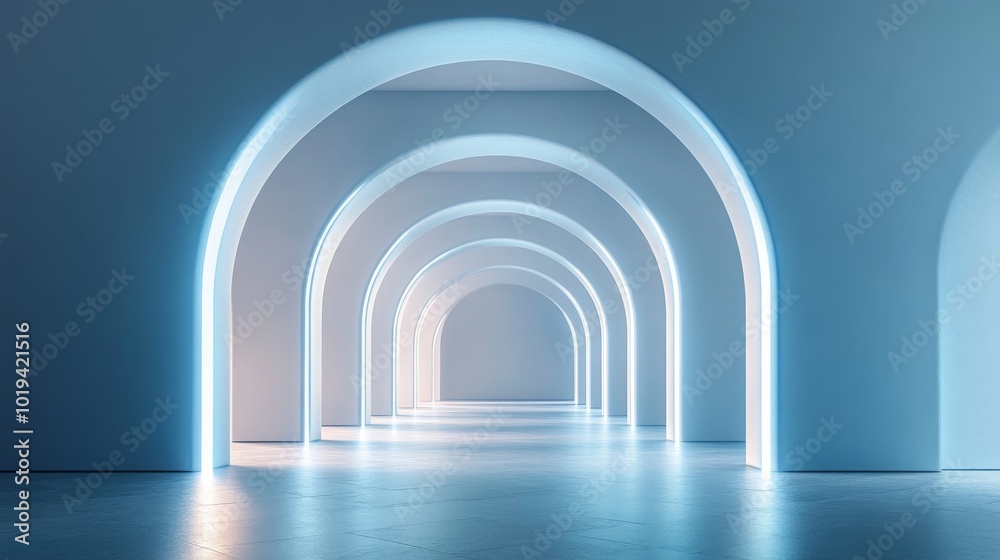 Abstract Interior with Glowing Arches and a Reflective Floor Abstract Interior with Glowing Arches and a Reflective Floor