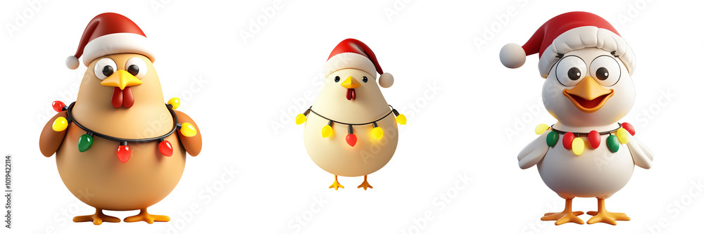 PNG 3d icons and objects collection Festive cartoon chickens wearing Christmas hats and lights, celebrating joyfully, on transparent, white background, isolate PNG 3d icons and objects collection Festive cartoon chickens wearing Christmas hats and lights, celebrating joyfully, on transparent, white background, isolate