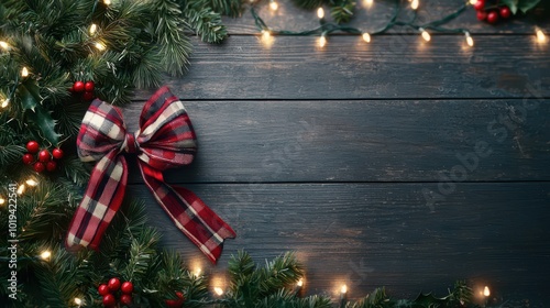 Festive holiday wreath with plaid bow and fairy lights photo