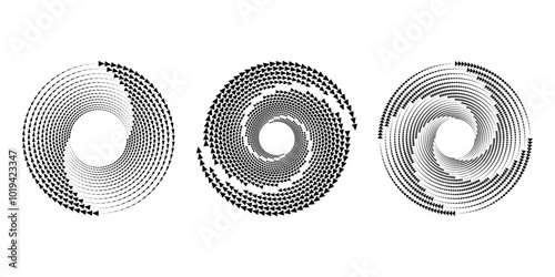Set of black triangles in vortex form. Geometric art. Halftone dots. Trendy design element for logo, tattoo, sign, symbol, web, prints, posters, social media, template, pattern and abstract background