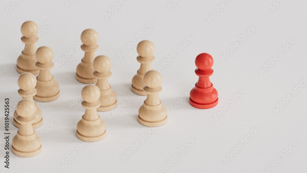 Leadership concept, red pawn of chess, standing out from the crowd of whites.3D rendering on white background.
Leadership concept, red pawn of chess, standing out from the crowd of whites.3D rendering on white background.