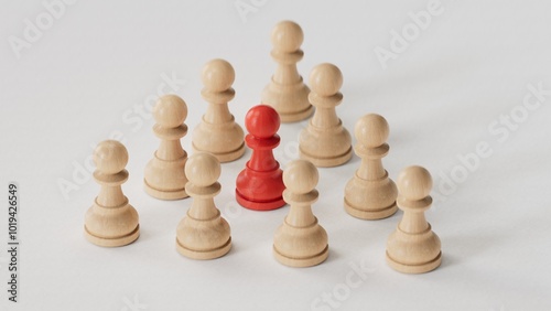 Chess pawn piece outstanding. Leadership concept. Unique individuality and standing out of crowd.3D rendering on white background. 