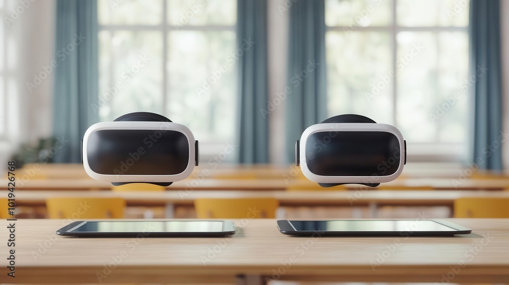 High-tech classroom with tablets and virtual reality headsets, 3D illustration High-tech classroom with tablets and virtual reality headsets, 3D illustration