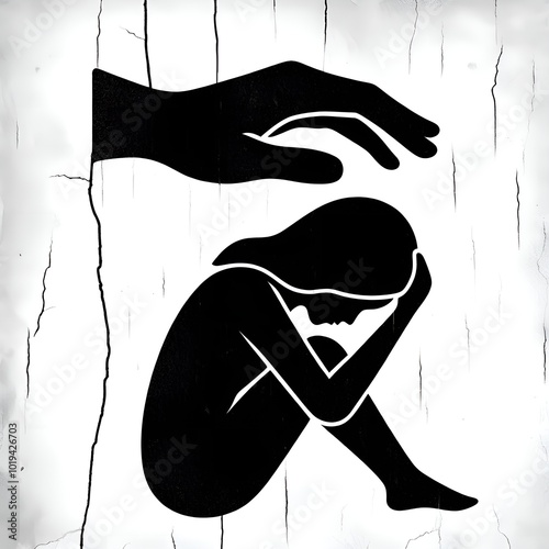 silhouette of a person with a large hand above head