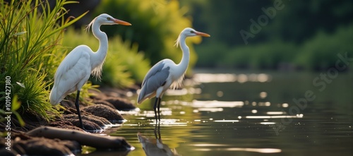 A serene river landscape showcases the graceful elegance of egret and heron birds