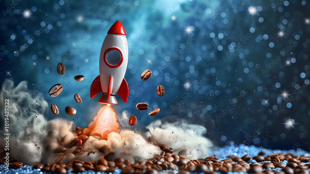 Creative coffee-themed rocket launch with coffee beans symbolizing energy and motivation Creative coffee-themed rocket launch with coffee beans symbolizing energy and motivation