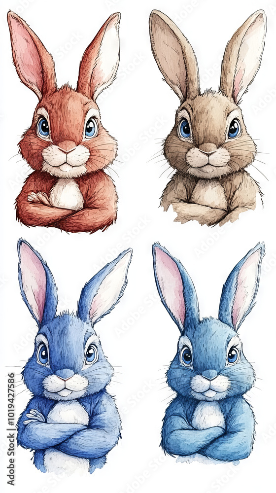 Four bunnies in different colors, all with arms crossed in a confident pose. Four bunnies in different colors, all with arms crossed in a confident pose.