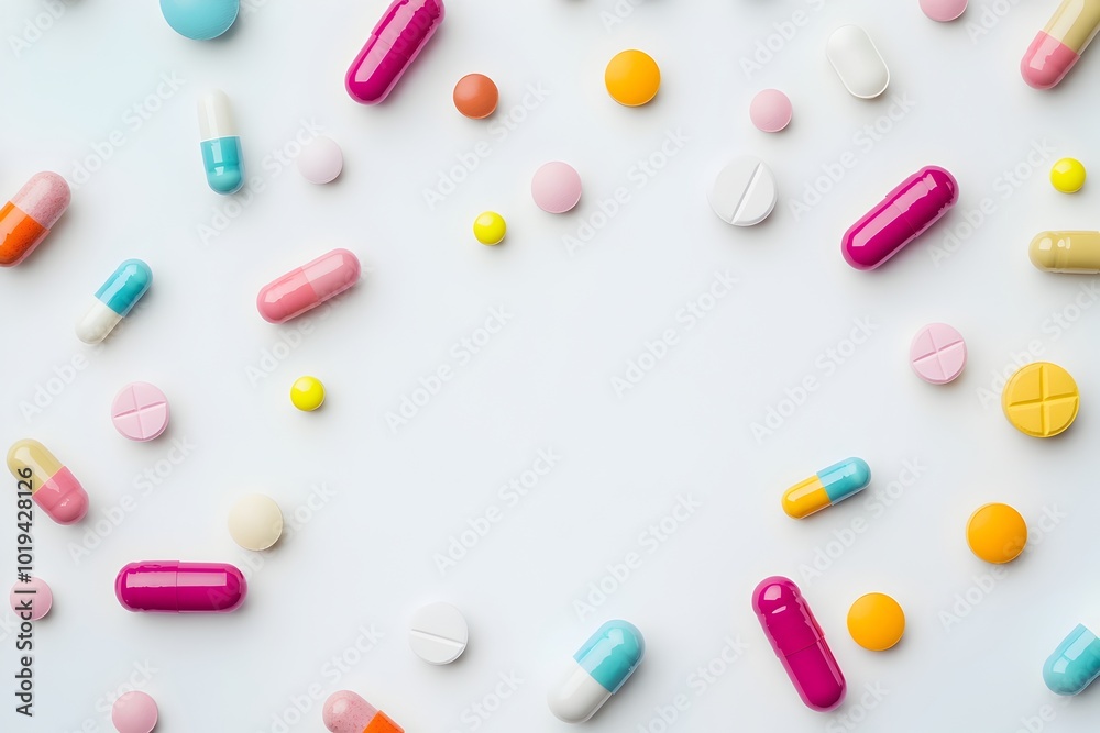 A Variety of Colorful Pharmaceutical Capsules and Pills Scattered on a White Surface with Soft Lighting and Focus A Variety of Colorful Pharmaceutical Capsules and Pills Scattered on a White Surface with Soft Lighting and Focus