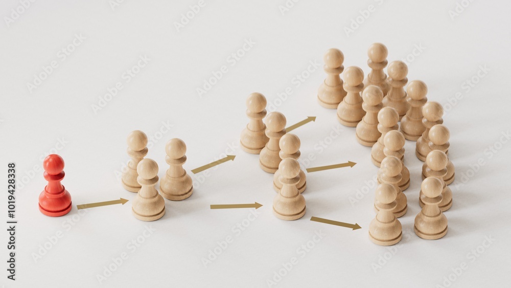 Obraz premium 3D illustration of pawns over white background showing the principle of information and influence propagation in social networks.3D rendering on white background. 