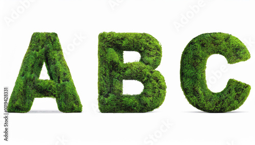 Vibrant green moss forms the letters A, B, and C against a stark white backdrop. A captivating display of nature's artistry!