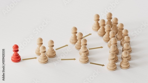 Fotografie 3D illustration of pawns over white background showing the principle of information and influence propagation in social networks