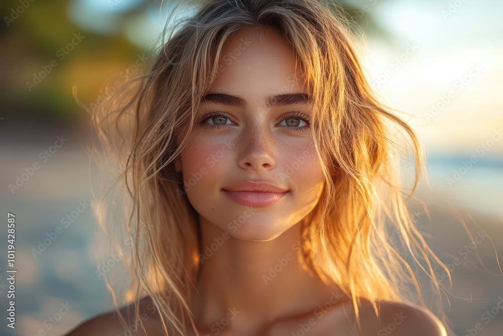 serene beach portrait 30yearold woman with content expression golden hour lighting coastal ambiance