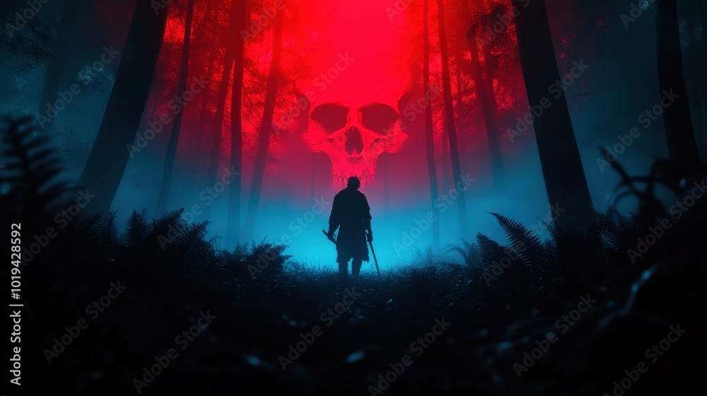 Fototapeta premium Mysterious figure in the forest under dramatic red lighting with skull backdrop.