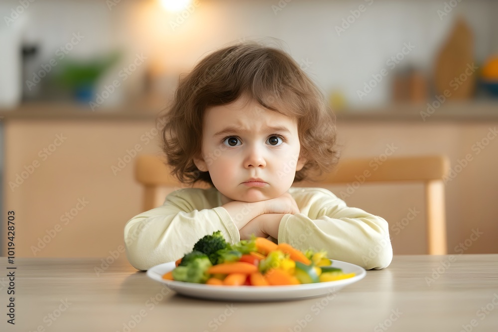 Defiant and Mischievous 5 Year Old Child Sitting at Dining Table with Colorful Vegetable Meal but Refusing to Eat with Crossed Arms and Stubborn Expression in Cozy Kitchen Setting Defiant and Mischievous 5 Year Old Child Sitting at Dining Table with Colorful Vegetable Meal but Refusing to Eat with Crossed Arms and Stubborn Expression in Cozy Kitchen Setting