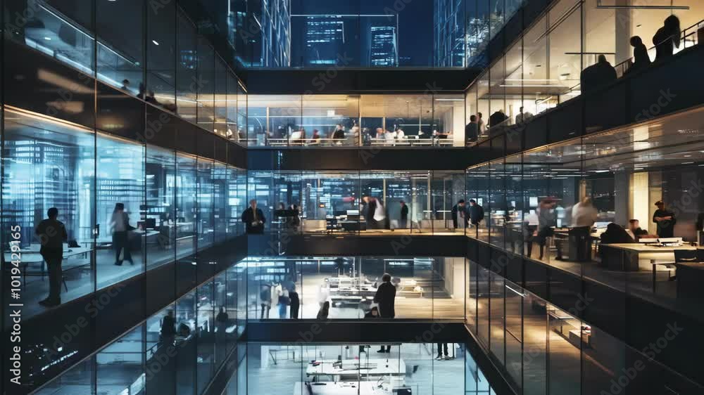Timelapse of Office Life at Night in a Skyscraper