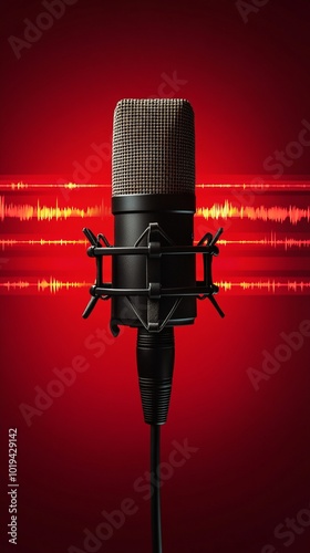 Professional studio microphone on vibrant red background with dynamic audio waveform, symbolizing voice recording and sound production industry. photo