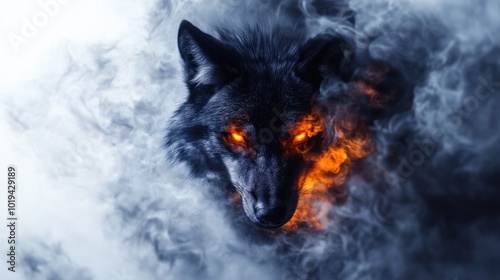 Mystical black wolf surrounded by smoke and fire, captivating and intense atmosphere.