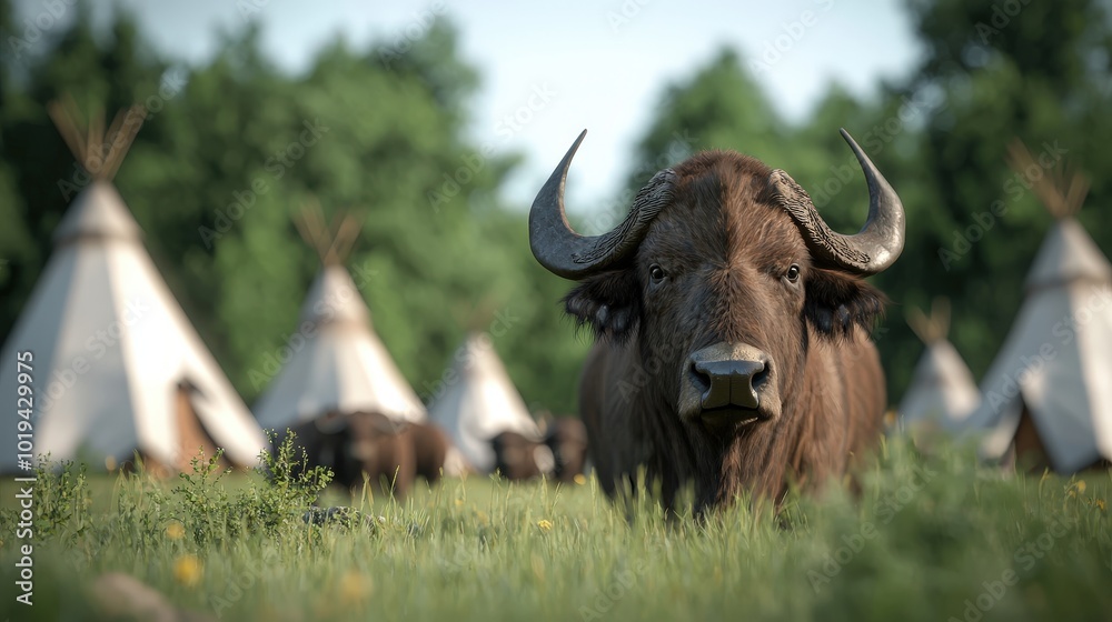African Buffalo Standing in Grass with Teepees in Background African Buffalo Standing in Grass with Teepees in Background