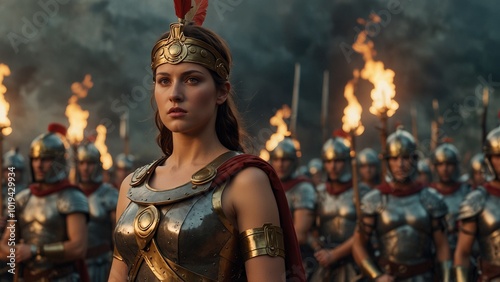 Show Athena commanding soldiers on an ancient battlefield, set against fierce combat and burning towns, symbolizing the union of wisdom and courage. photo