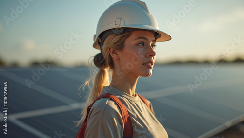 Female engineer stares thoughtfully, planning for solar farm, clean energy management generative Ai image
