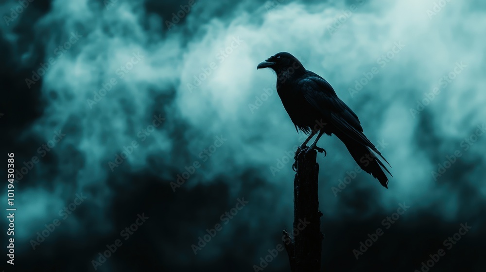 Fototapeta premium Silhouette of a raven perched on a post against a moody sky.