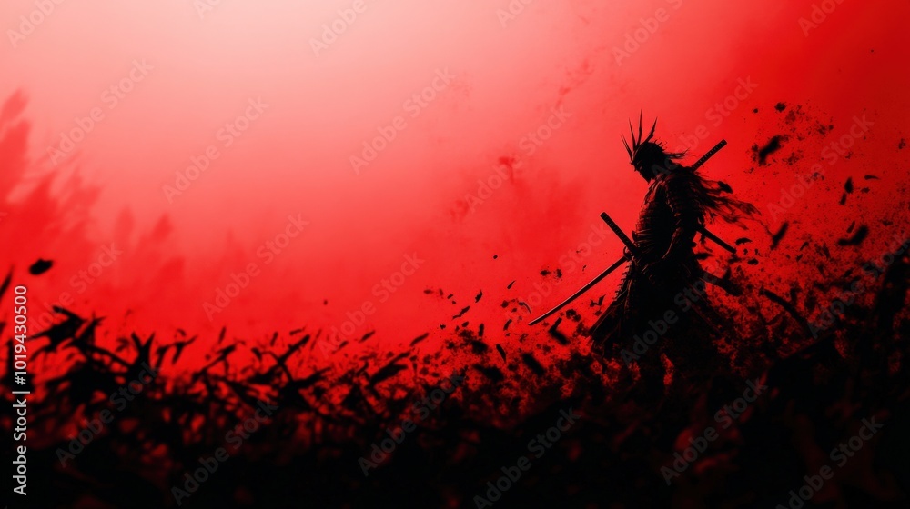 Fototapeta premium Silhouette of a warrior against a dramatic red background.