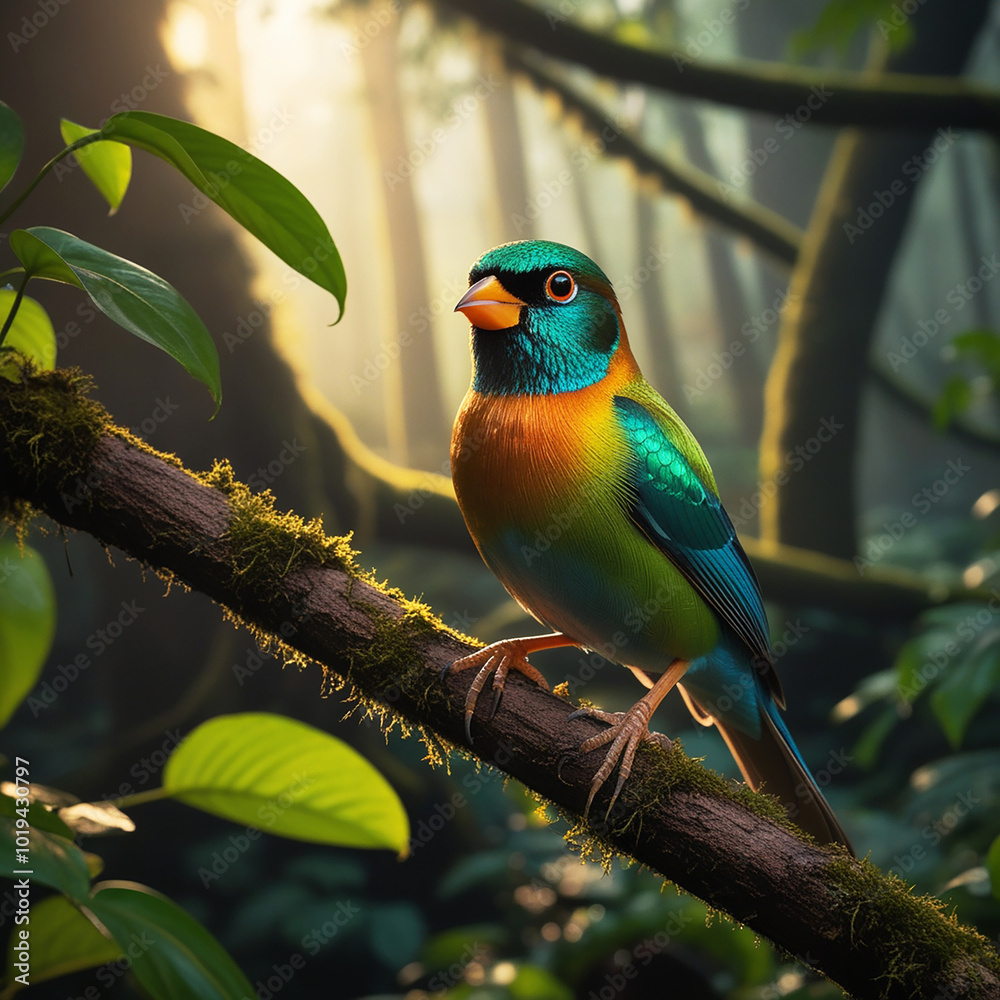 Naklejka premium Vibrant Tropical Bird Perched on a Mossy Branch in Dense Forest