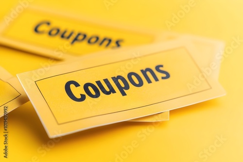 Floating coupons with an elegant font design in a vibrant color scheme of yellow white and black creating a dynamic and eye catching visual for discount sale and promotional content in the retail photo