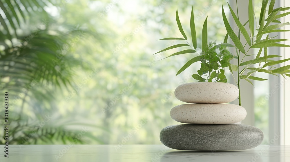 Three stacked stones with a vibrant green plant, serene indoor setting. Three stacked stones with a vibrant green plant, serene indoor setting.