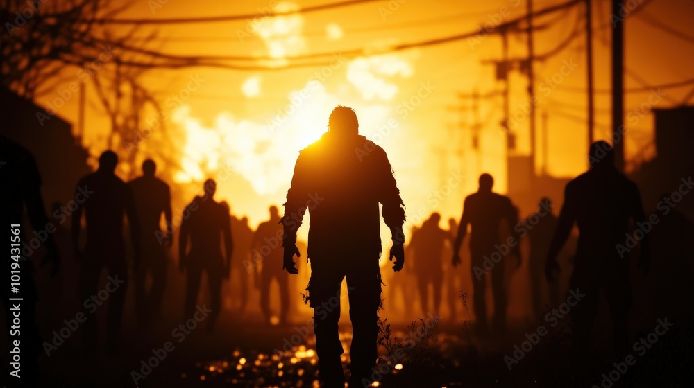 Fototapeta premium Silhouetted figures in a post-apocalyptic scene with a fiery background.