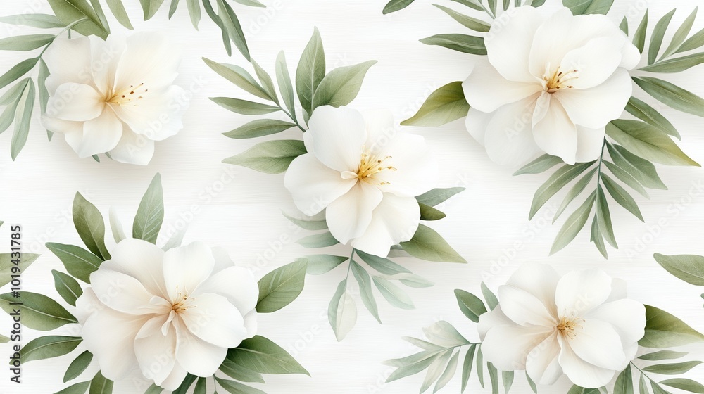 Obraz premium White flowers with green leaves on a white background, elegant nature design.