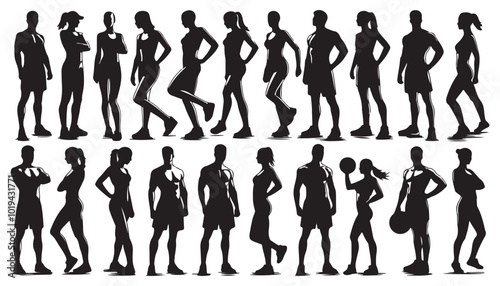 men and women, figures of a group of standing sports  silhouette vector illustration black and white art
