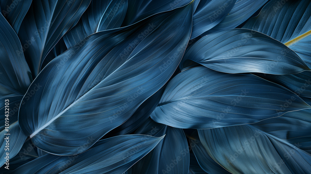 Dark blue tropical leaves in an abstract pattern showcasing nature's beauty with rich textures