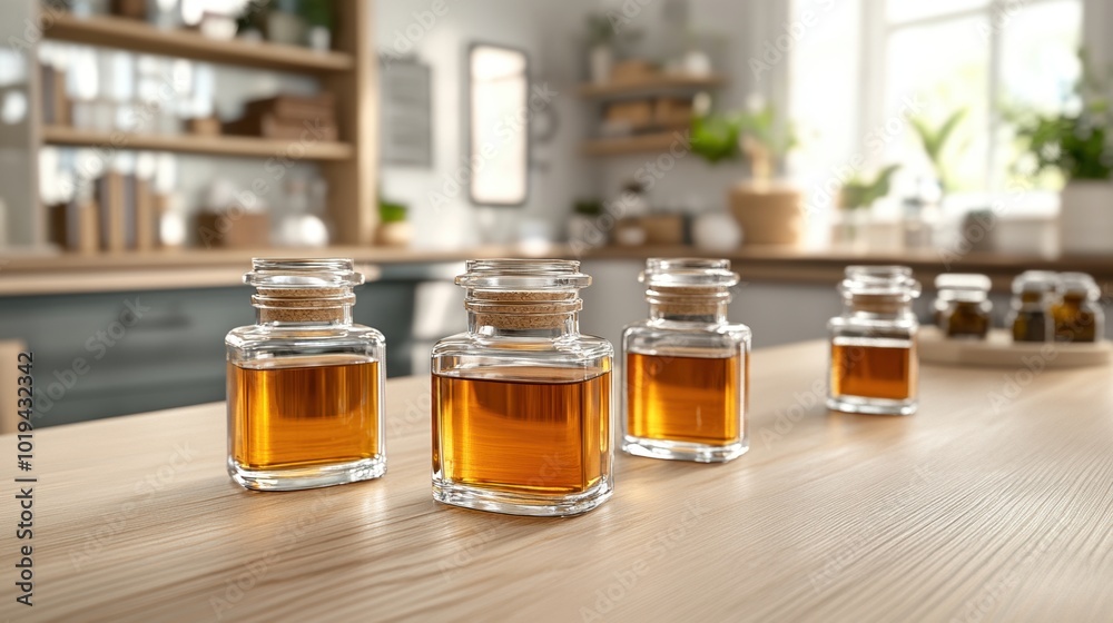Glass jars filled with amber liquid on a wooden kitchen table. Glass jars filled with amber liquid on a wooden kitchen table.