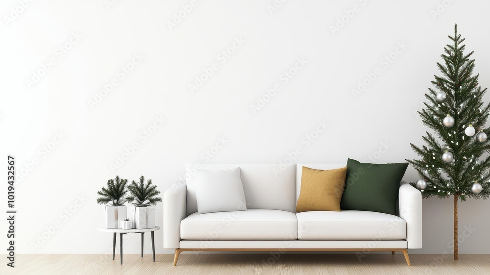 Modern minimalist living room with white and silver Christmas decor, clean and stylish, 3D illustration Modern minimalist living room with white and silver Christmas decor, clean and stylish, 3D illustration