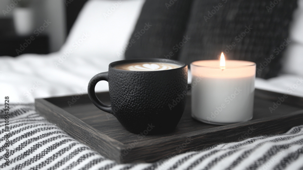 A black mug of coffee and a lit candle on a wooden tray, a cozy and relaxing scene. A black mug of coffee and a lit candle on a wooden tray, a cozy and relaxing scene.