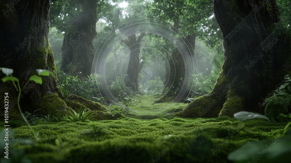 Fototapeta premium Mysterious Forest Path with Glowing Circle Green Moss and Lush Trees