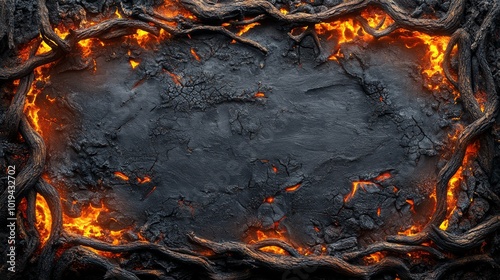 A Blackened, Cracked Surface with Glowing Lava and Branches