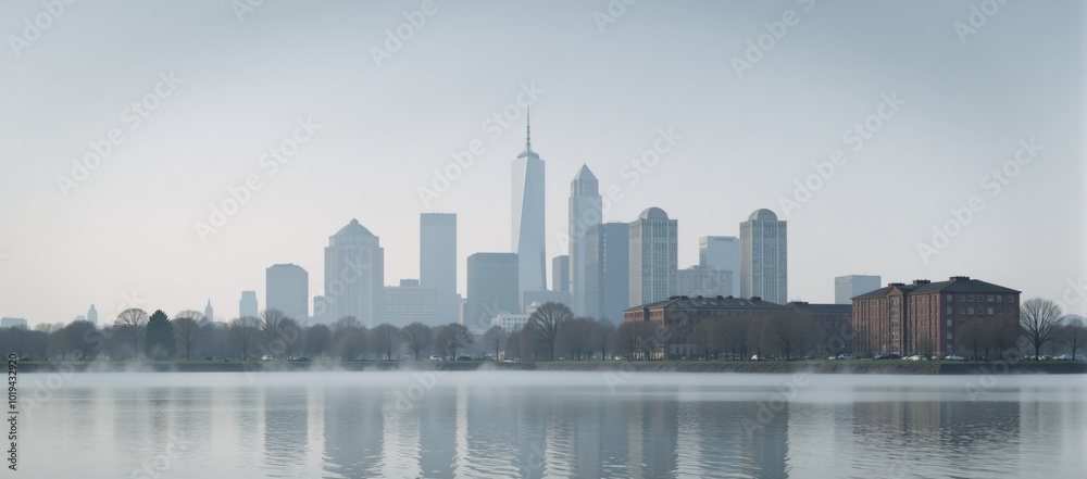 Fototapeta premium Morning fog over a modern city skyline creates a moody atmospheric urban landscape