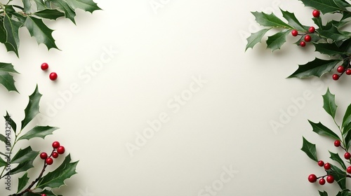 Holly leaves and berries arranged on a white isolated background.