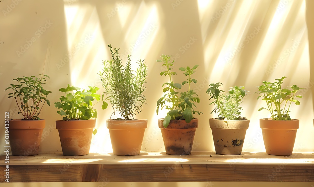 Pots of fresh herbs on shelf in sunlight