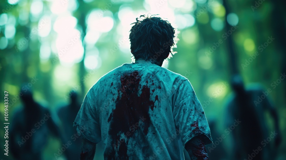 Survivor in forest, blood-stained shirt, facing approaching zombies, eerie atmosphere. Survivor in forest, blood-stained shirt, facing approaching zombies, eerie atmosphere.