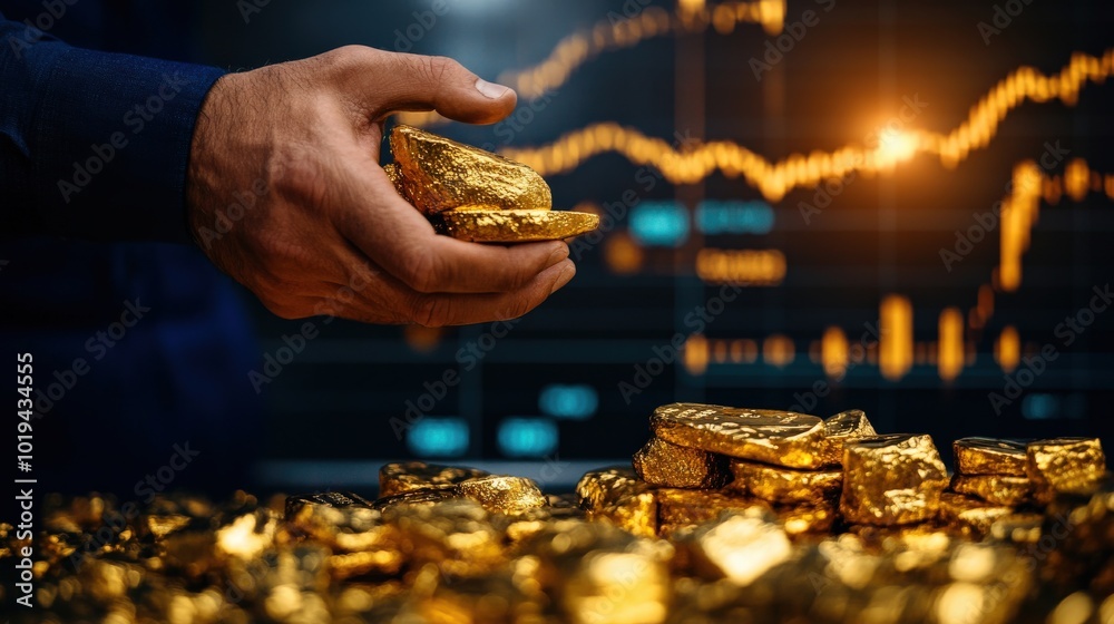 Obraz premium Wealth management concept with gold bars and financial data in background.