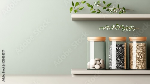 Stylish jars on a shelf, elegantly displaying various ingredients, green background. photo