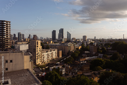 Towers of London are visible in the distance in a panoramic view photo