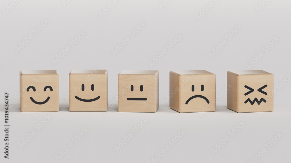 Customer service evaluation and satisfaction survey concepts. The client's hand picked the happy face smile face symbol on wooden cube, copy space.3D rendering on black background.
Customer service evaluation and satisfaction survey concepts. The client's hand picked the happy face smile face symbol on wooden cube, copy space.3D rendering on black background.