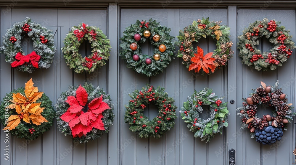 A display of decorative wreaths on a door for festive decor. A display of decorative wreaths on a door for festive decor.