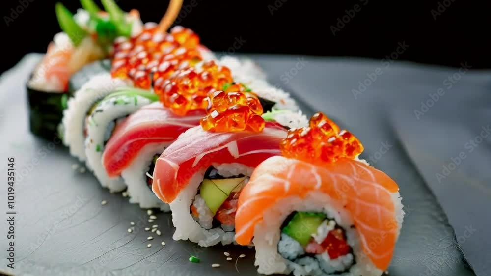 Close-up of fresh sushi rolls with rice and seafood.