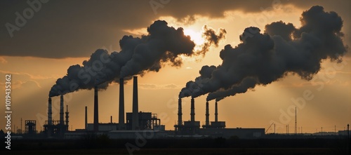 Smoke-filled petrochemical factory with heavy pollution in the background