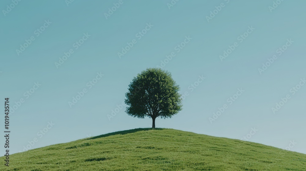 Fototapeta premium Solitary Tree on Green Hill Against Clear Blue Sky Minimalist Nature Landscape